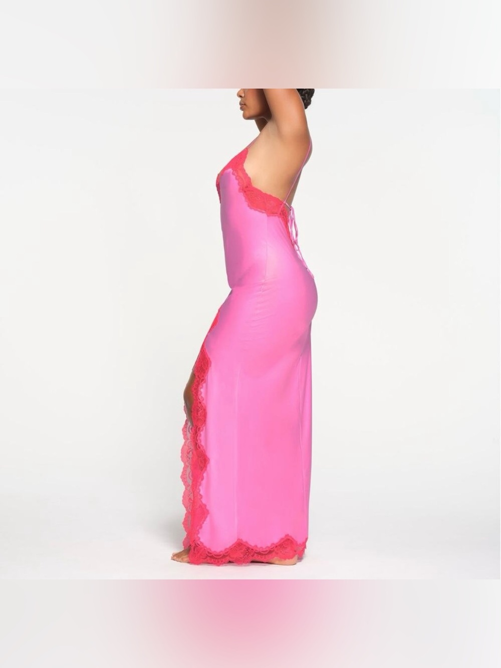 SKIMS Stretch Satin Lace Long Neon Orchid Pink Dress - Picture 2 of 9